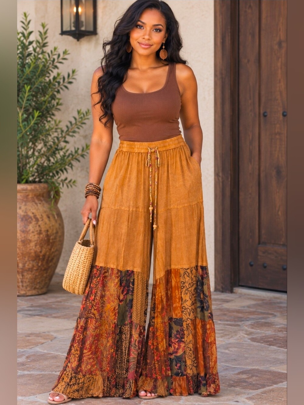 New! Young Threads Boho Style Patchwork Flared Pants With Pockets, Sz Small,NWT